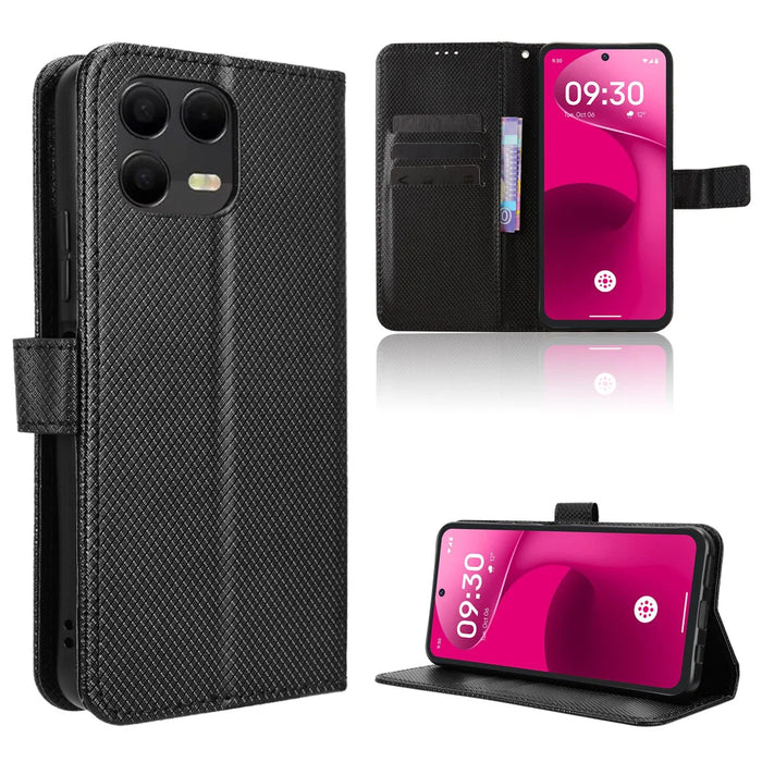 For T-Mobile Revvl 8 Pro Leather Wallet Case with Strap Diamond Texture Phone Cover - Black - 1