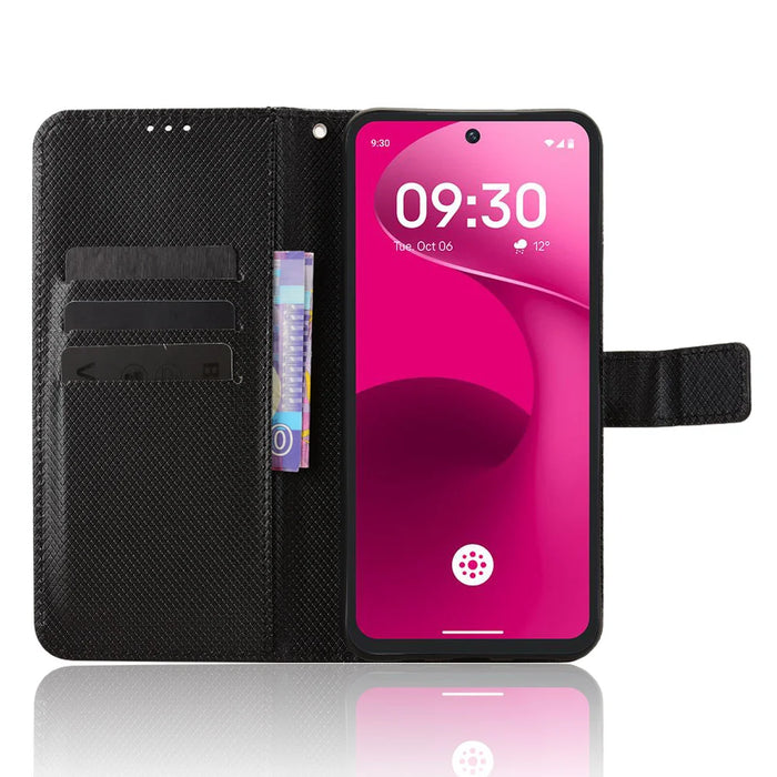 For T-Mobile Revvl 8 Pro Leather Wallet Case with Strap Diamond Texture Phone Cover - Black - 6