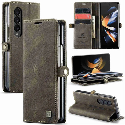 AUTSPACE A01 Series Phone Case for Samsung Galaxy Z Fold4 5G PU Leather Protective Case Magnetic Closure Vintage Matte Wallet Stand Cover - Coffee - 1