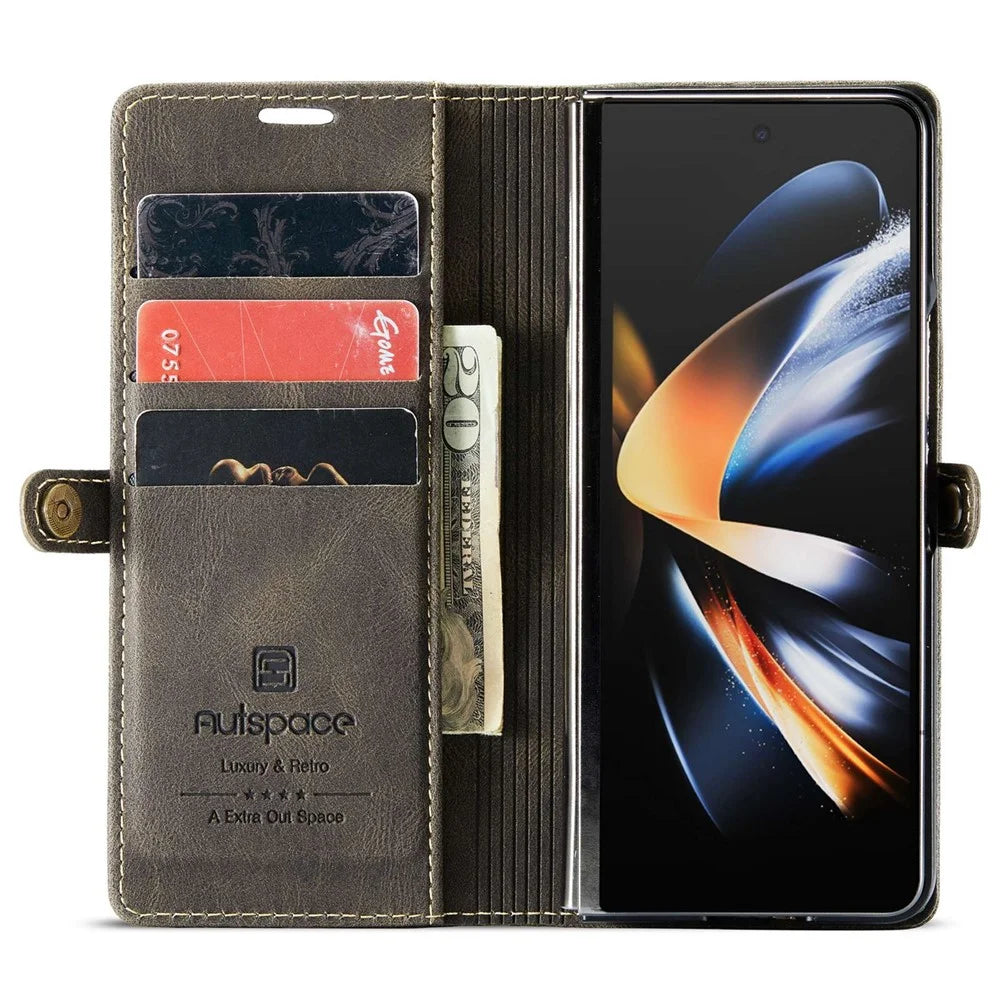 AUTSPACE A01 Series Phone Case for Samsung Galaxy Z Fold4 5G PU Leather Protective Case Magnetic Closure Vintage Matte Wallet Stand Cover - Coffee - 3