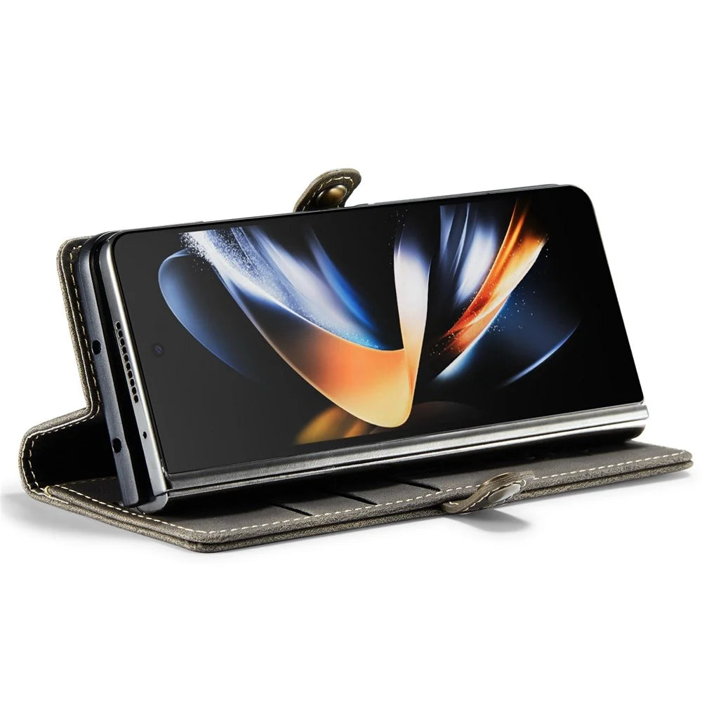 AUTSPACE A01 Series Phone Case for Samsung Galaxy Z Fold4 5G PU Leather Protective Case Magnetic Closure Vintage Matte Wallet Stand Cover - Coffee - 4
