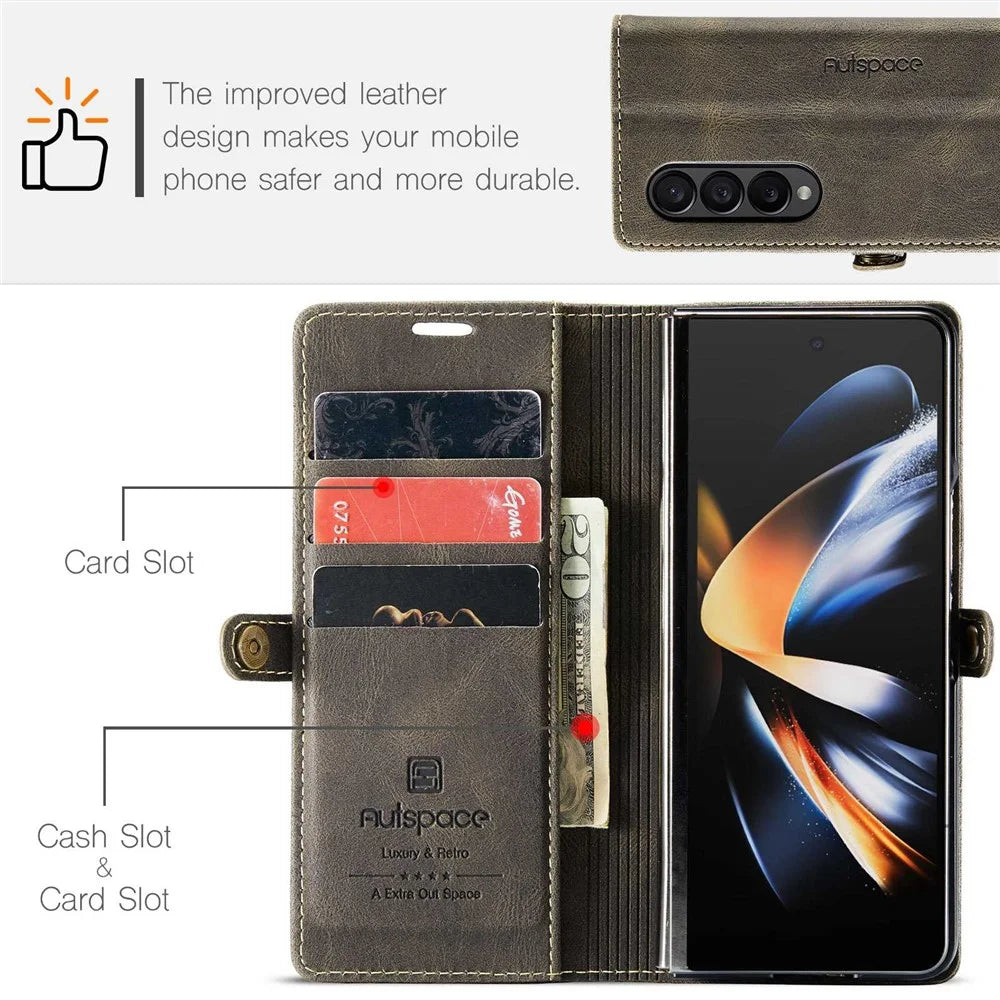 AUTSPACE A01 Series Phone Case for Samsung Galaxy Z Fold4 5G PU Leather Protective Case Magnetic Closure Vintage Matte Wallet Stand Cover - Coffee - 7