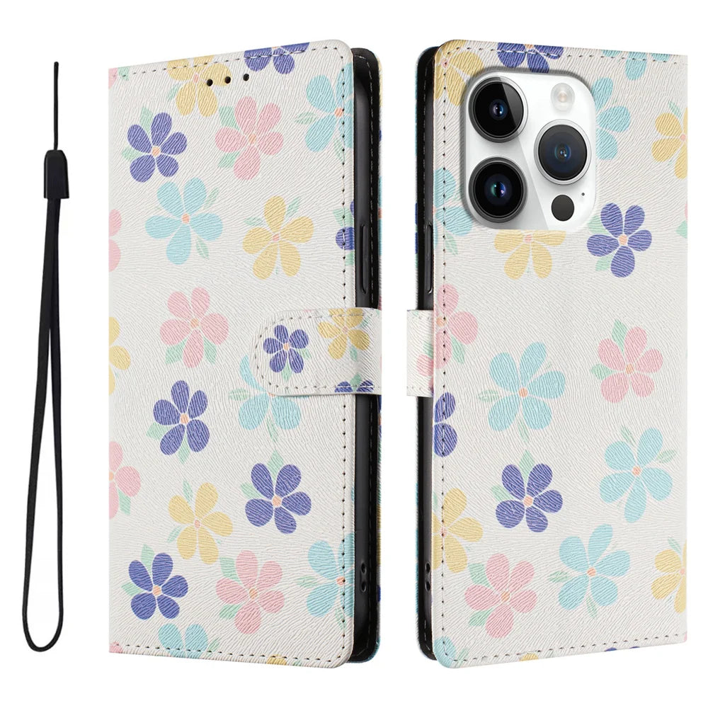 For iPhone 16 Pro Case Pattern Print PU Leather Wallet Phone Cover with Wrist Strap - Colored Flowers - 1