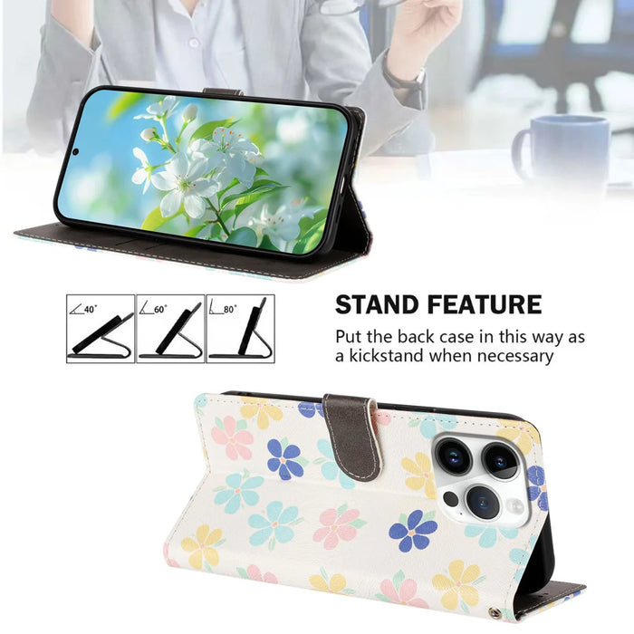 For iPhone 16 Pro Case Pattern Print PU Leather Wallet Phone Cover with Wrist Strap - Colored Flowers - 2