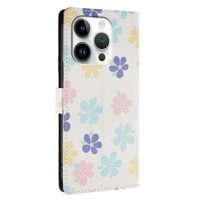 For iPhone 16 Pro Case Pattern Print PU Leather Wallet Phone Cover with Wrist Strap - Colored Flowers - 4