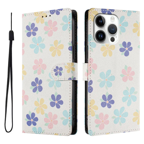 For iPhone 16 Pro Max Case Pattern Print PU Leather Wallet Phone Cover with Wrist Strap - Colored Flowers - 1