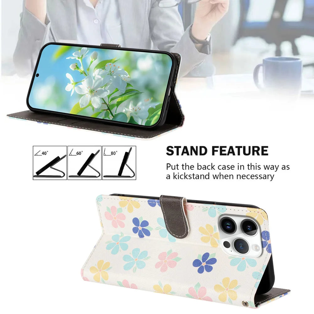 For iPhone 16 Pro Max Case Pattern Print PU Leather Wallet Phone Cover with Wrist Strap - Colored Flowers - 2