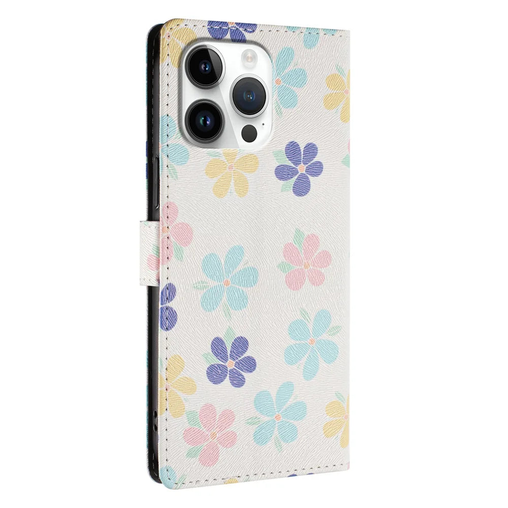 For iPhone 16 Pro Max Case Pattern Print PU Leather Wallet Phone Cover with Wrist Strap - Colored Flowers - 4