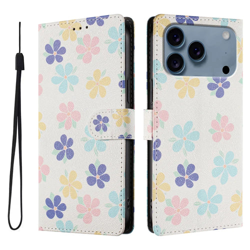 For iPhone 18 Pro Max / 17 Pro Max Case Pattern Print PU Leather Wallet Phone Cover with Wrist Strap - Colored Flowers - 1