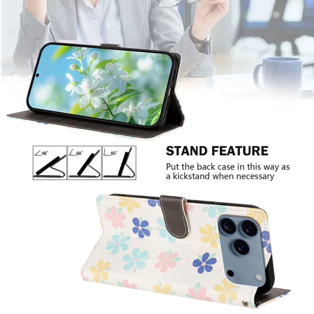 For iPhone 18 Pro / 17 Pro Case Pattern Print PU Leather Wallet Phone Cover with Wrist Strap - Colored Flowers - 2