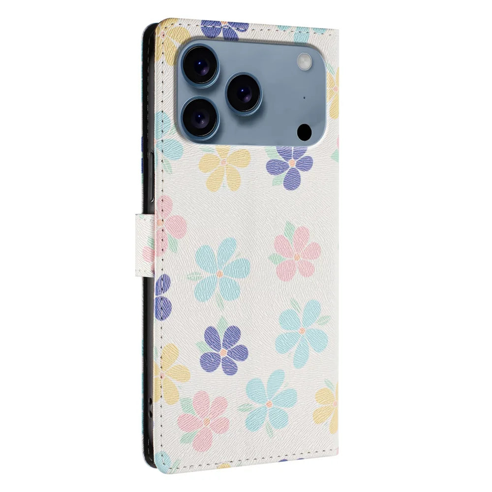 For iPhone 18 Pro / 17 Pro Case Pattern Print PU Leather Wallet Phone Cover with Wrist Strap - Colored Flowers - 4