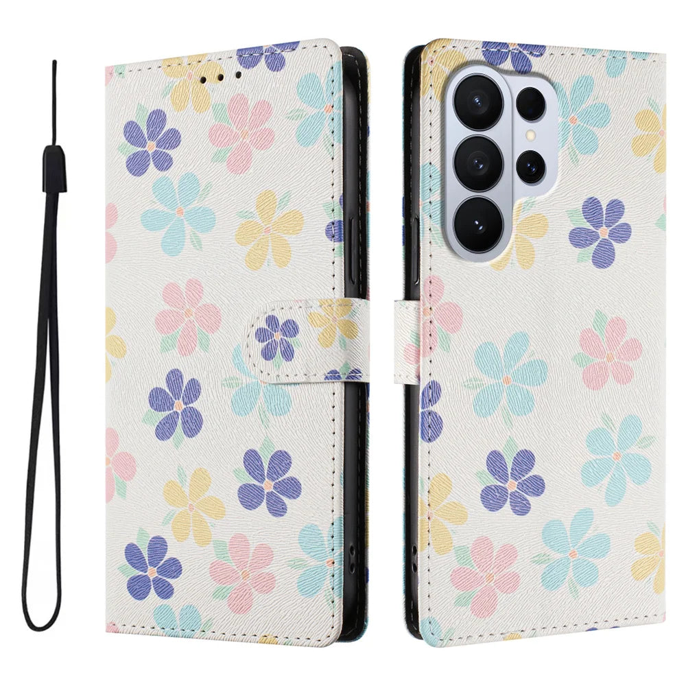 For Samsung Galaxy S26 Ultra Case Pattern Print PU Leather Wallet Phone Cover with Wrist Strap - Colored Flowers - 1