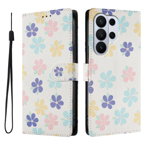 For Samsung Galaxy S26 Ultra Case Pattern Print PU Leather Wallet Phone Cover with Wrist Strap - Colored Flowers - 1
