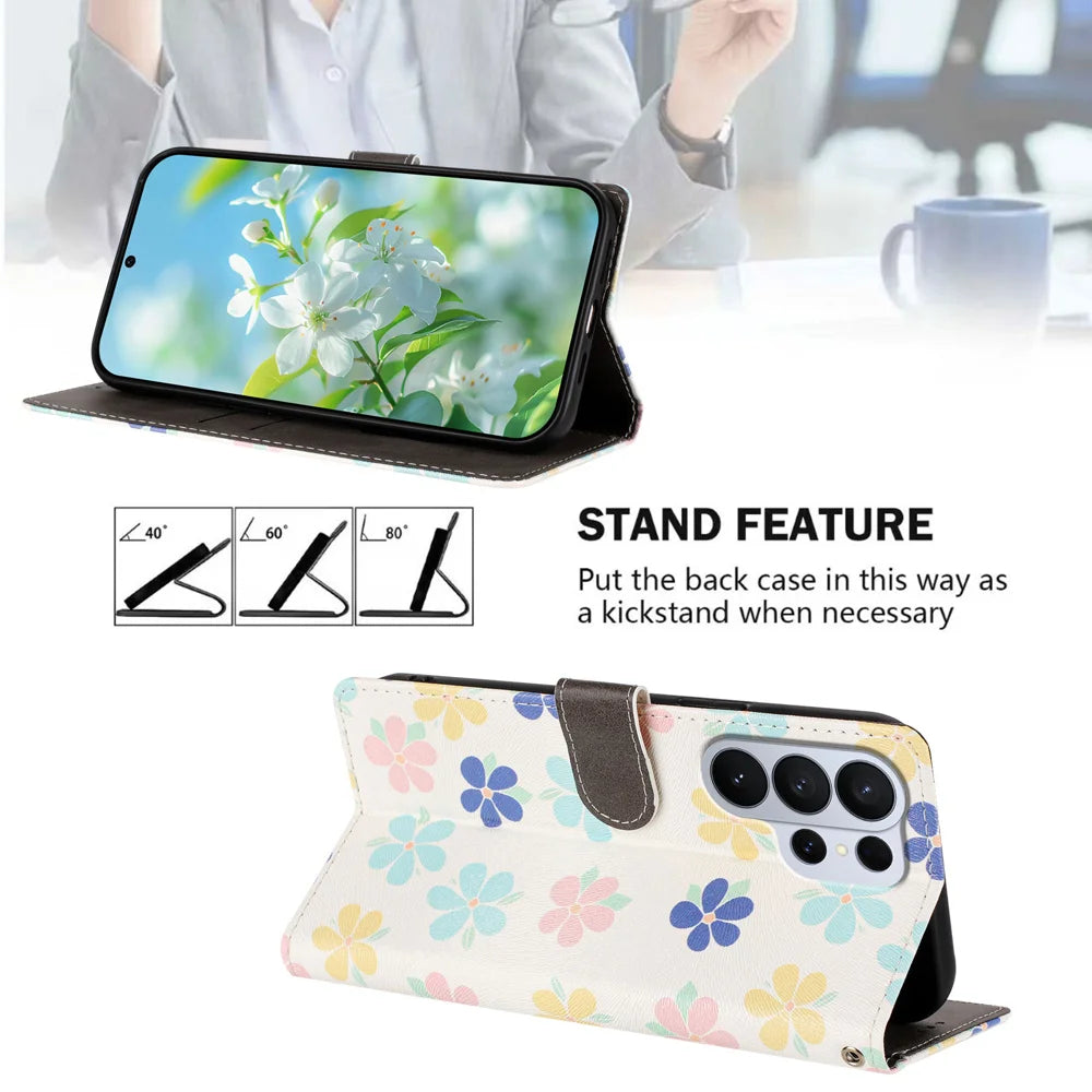 For Samsung Galaxy S26 Ultra Case Pattern Print PU Leather Wallet Phone Cover with Wrist Strap - Colored Flowers - 2