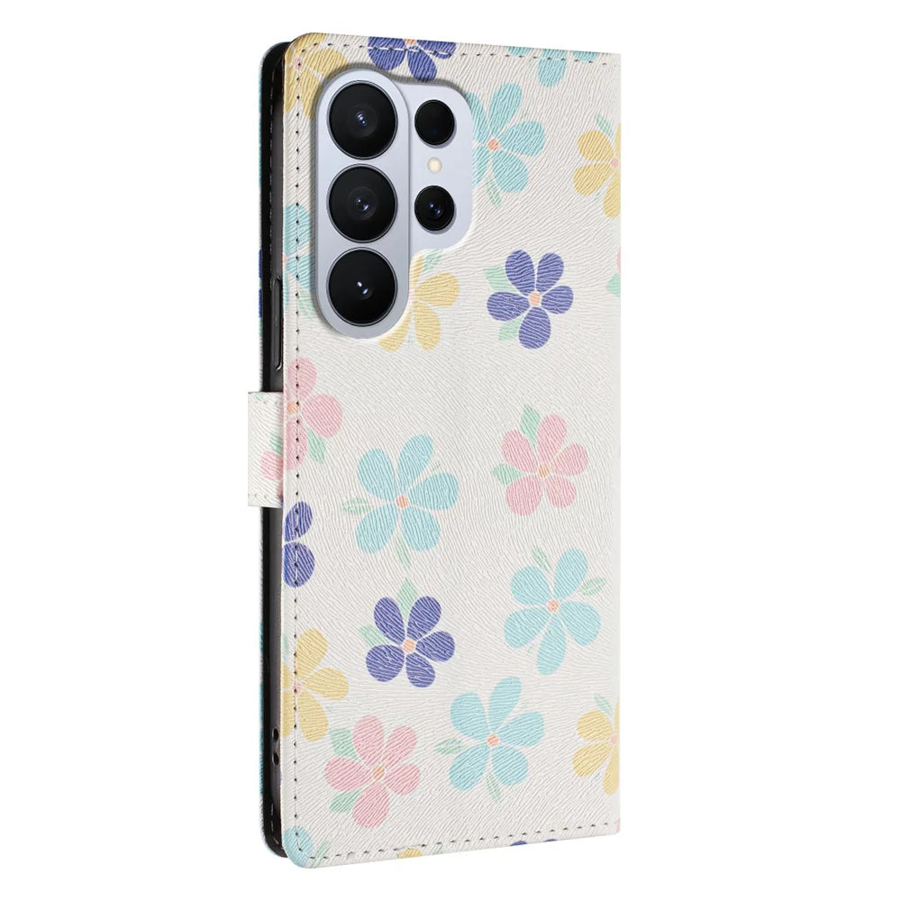 For Samsung Galaxy S26 Ultra Case Pattern Print PU Leather Wallet Phone Cover with Wrist Strap - Colored Flowers - 4