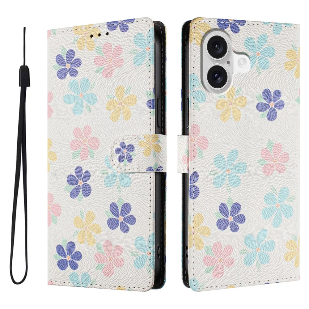 For iPhone 17 Case Pattern Print PU Leather Wallet Phone Cover with Wrist Strap - Colored Flowers - 1