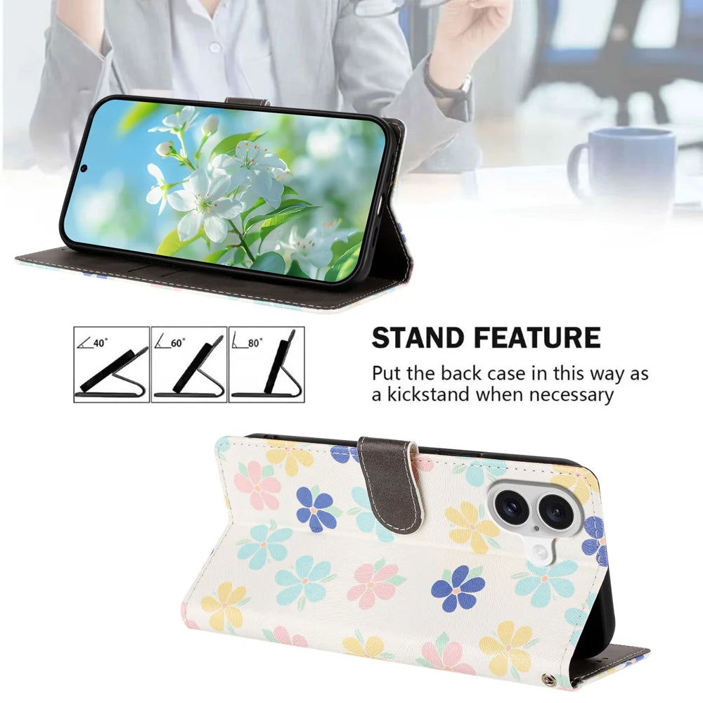 For iPhone 17 Case Pattern Print PU Leather Wallet Phone Cover with Wrist Strap - Colored Flowers - 2