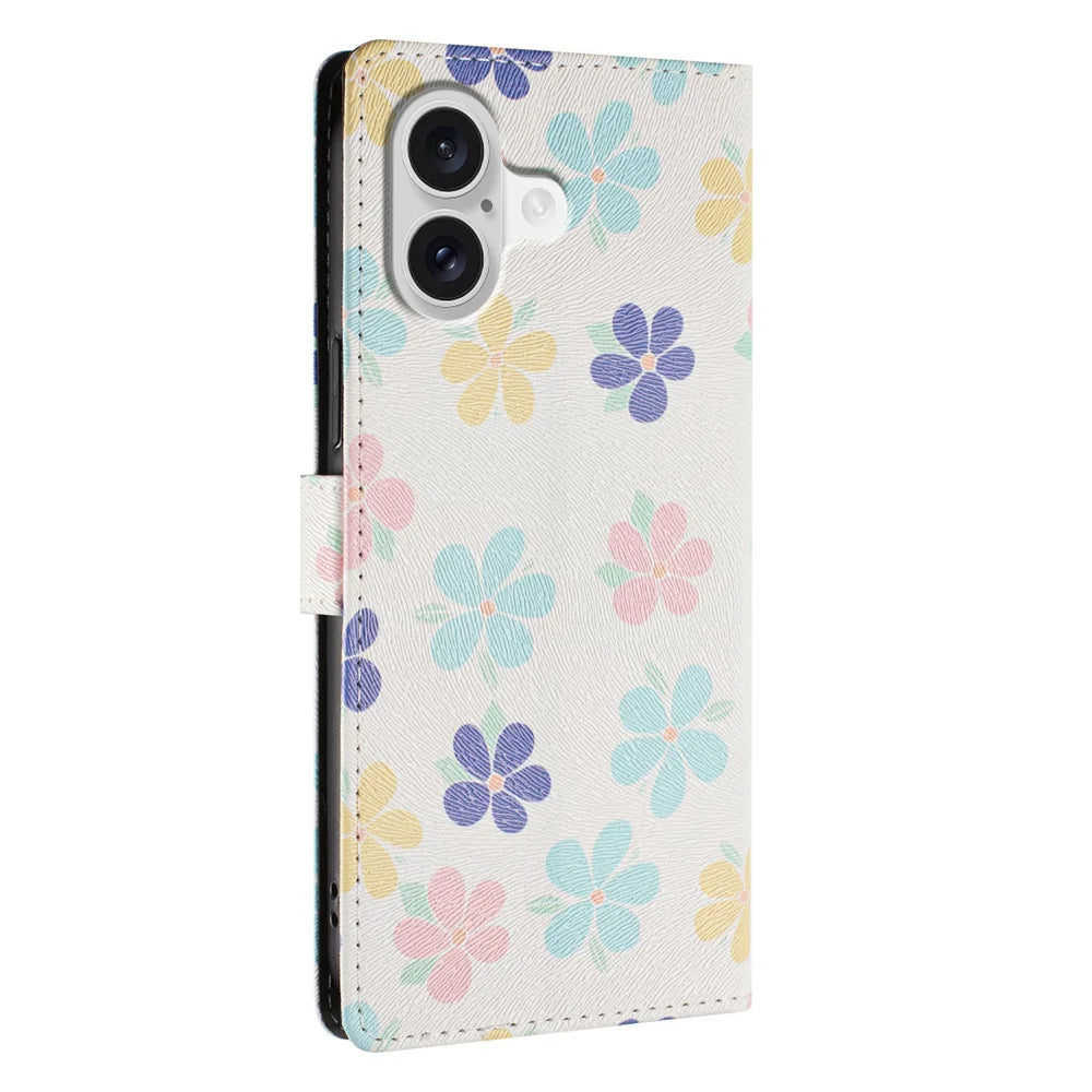 For iPhone 17 Case Pattern Print PU Leather Wallet Phone Cover with Wrist Strap - Colored Flowers - 4