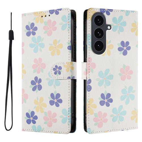 For Samsung Galaxy S25 FE Case Pattern Print PU Leather Wallet Phone Cover with Wrist Strap - Colored Flowers - 1
