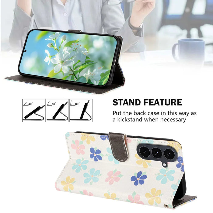 For Samsung Galaxy S25 FE Case Pattern Print PU Leather Wallet Phone Cover with Wrist Strap - Colored Flowers - 2