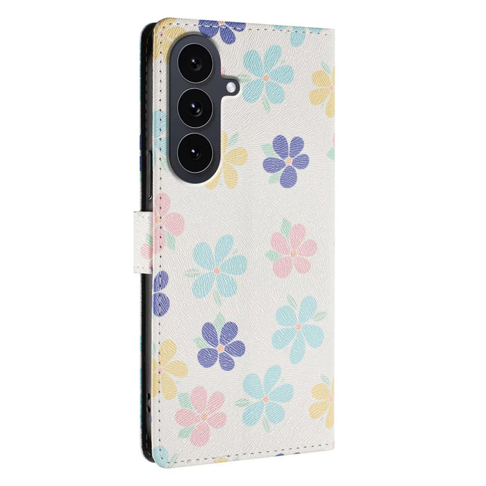 For Samsung Galaxy S25 FE Case Pattern Print PU Leather Wallet Phone Cover with Wrist Strap - Colored Flowers - 4