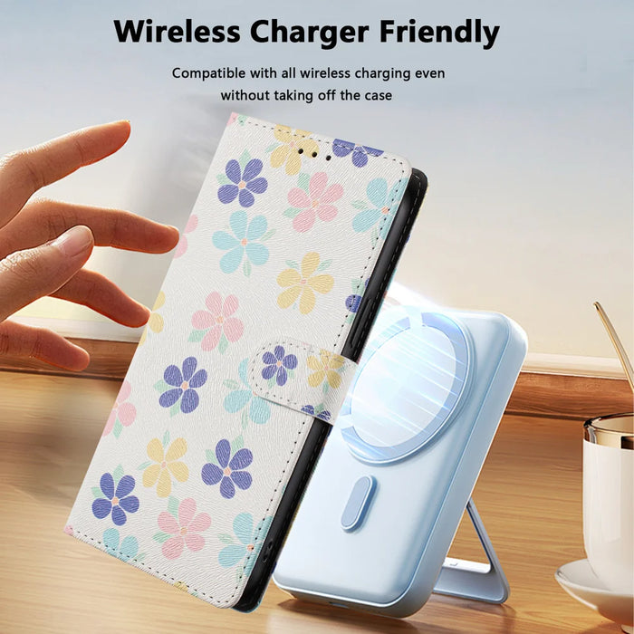For Samsung Galaxy S25 FE Case Pattern Print PU Leather Wallet Phone Cover with Wrist Strap - Colored Flowers - 5