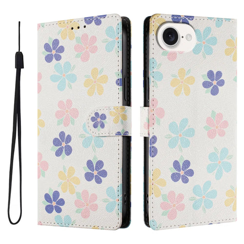For iPhone 17e / 16e Case Pattern Print PU Leather Wallet Phone Cover with Wrist Strap - Colored Flowers - 1