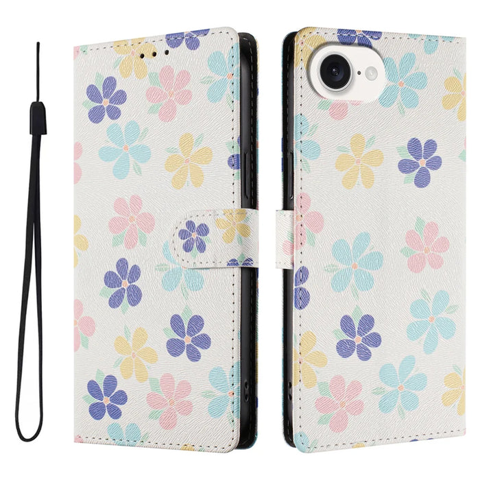 For iPhone 17e / 16e Case Pattern Print PU Leather Wallet Phone Cover with Wrist Strap - Colored Flowers - 1