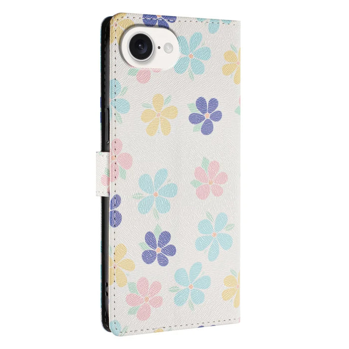 For iPhone 17e / 16e Case Pattern Print PU Leather Wallet Phone Cover with Wrist Strap - Colored Flowers - 4