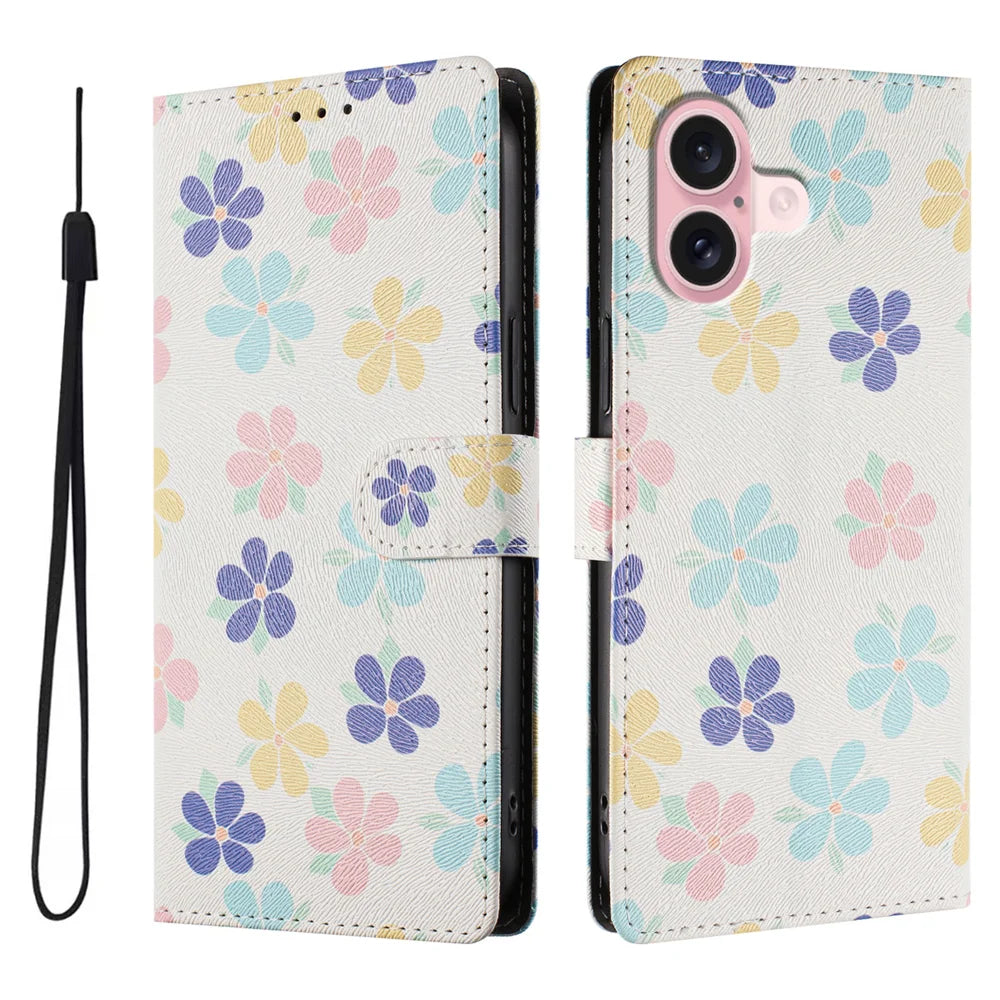 For iPhone 16 Case Pattern Print PU Leather Wallet Phone Cover with Wrist Strap - Colored Flowers - 1