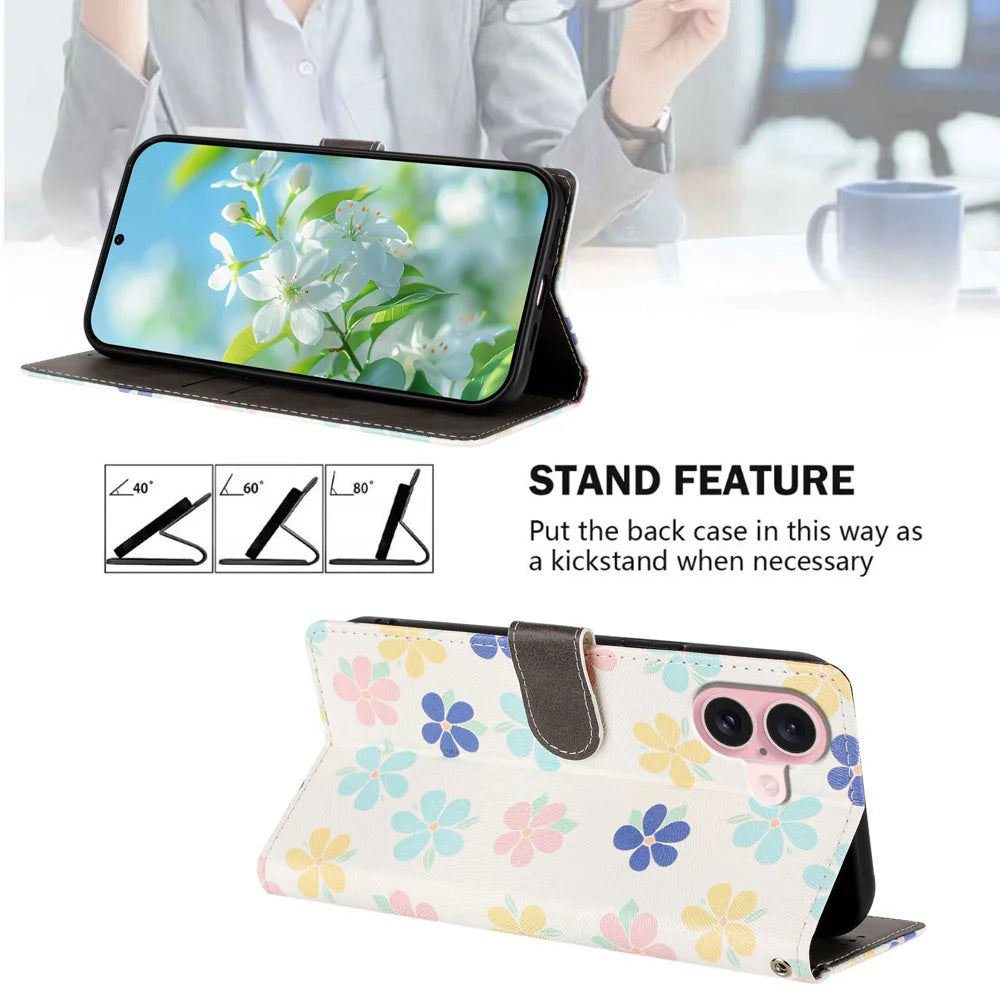 For iPhone 16 Case Pattern Print PU Leather Wallet Phone Cover with Wrist Strap - Colored Flowers - 2