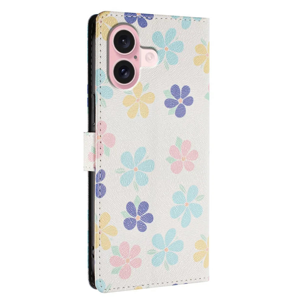 For iPhone 16 Case Pattern Print PU Leather Wallet Phone Cover with Wrist Strap - Colored Flowers - 4