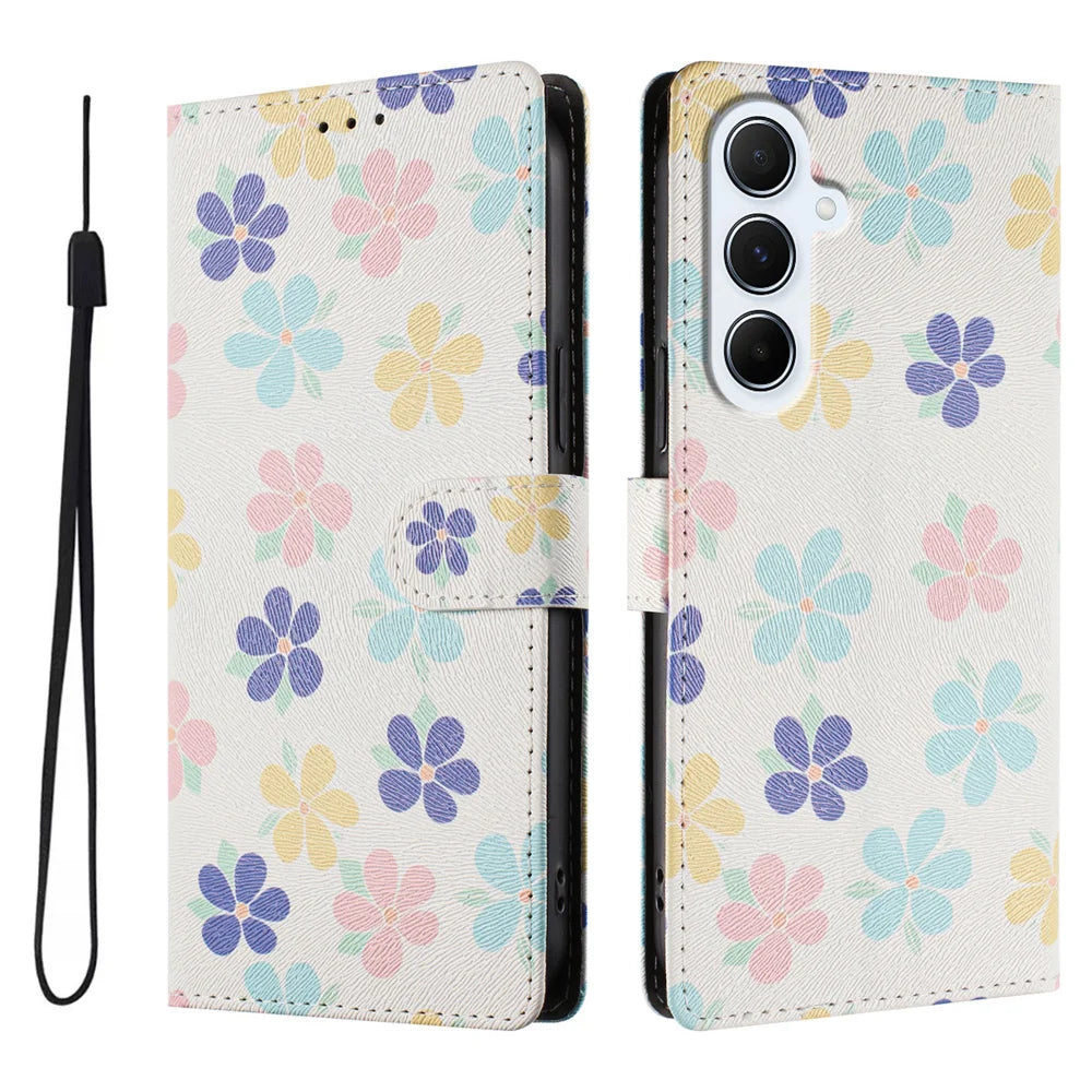 For Samsung Galaxy A18 5G / A18 4G / A17 5G / A17 4G / A26 5G Case Pattern Print PU Leather Wallet Phone Cover with Wrist Strap - Colored Flowers - 1