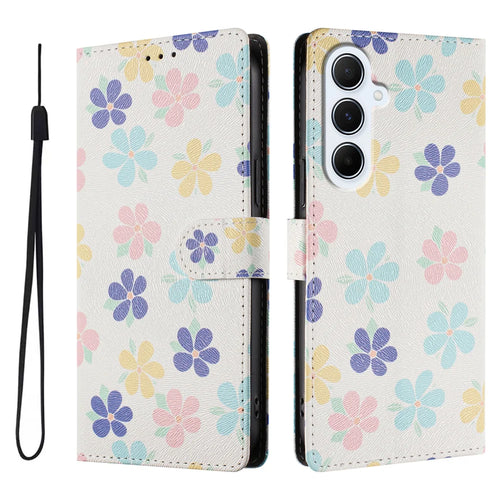 For Samsung Galaxy A18 5G / A18 4G / A17 5G / A17 4G / A26 5G Case Pattern Print PU Leather Wallet Phone Cover with Wrist Strap - Colored Flowers - 1