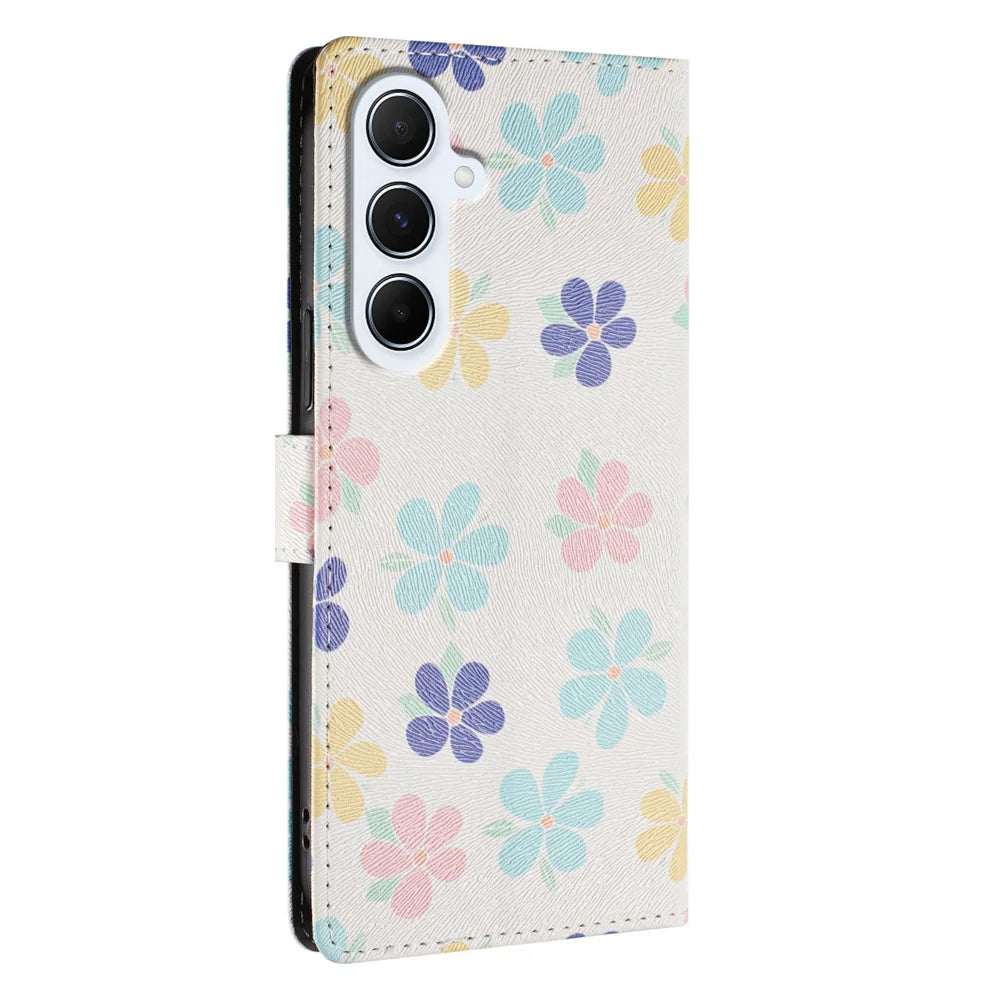 For Samsung Galaxy A18 5G / A18 4G / A17 5G / A17 4G / A26 5G Case Pattern Print PU Leather Wallet Phone Cover with Wrist Strap - Colored Flowers - 4