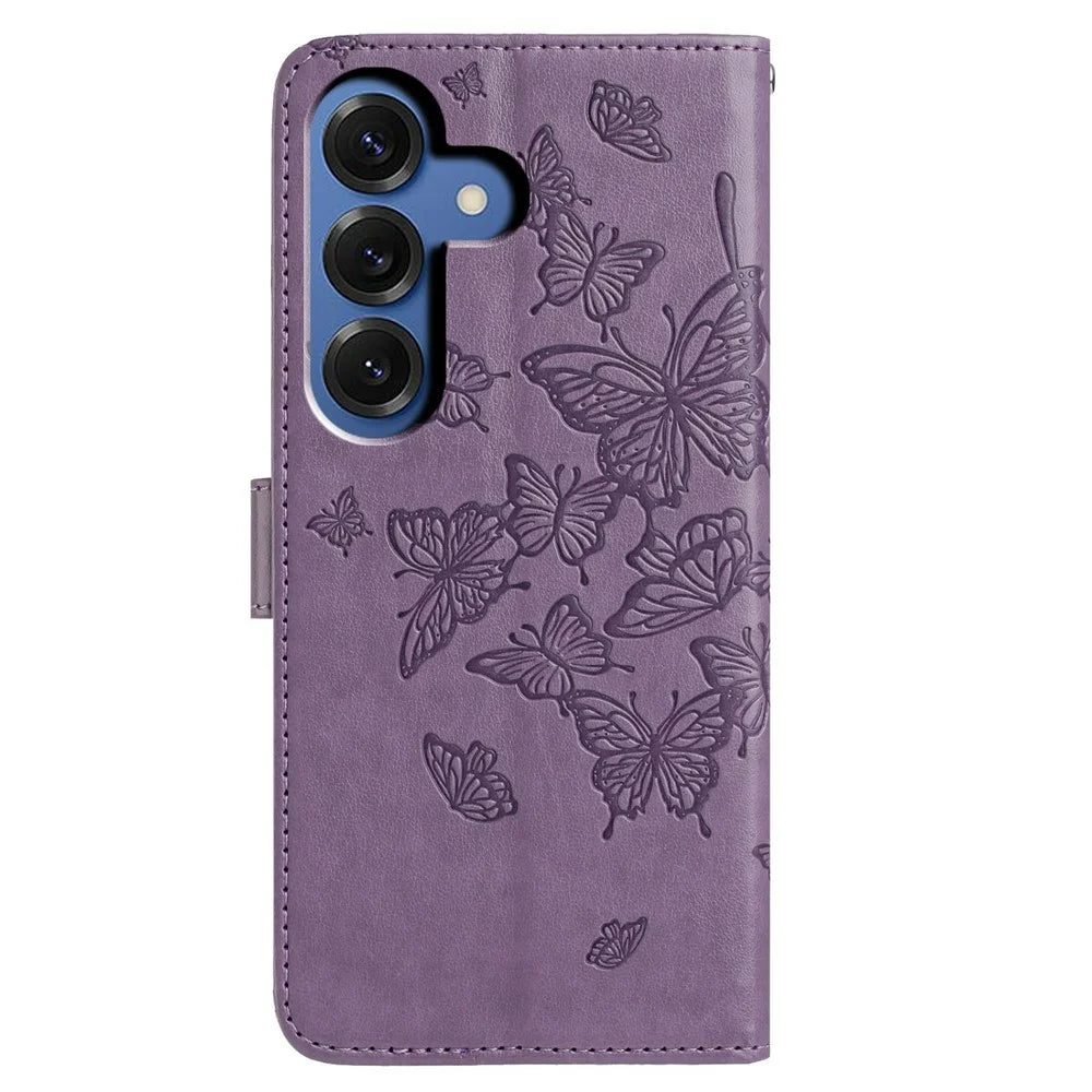 For Samsung Galaxy S26 Case Butterfly Imprinted Wallet Stand PU Leather Flip Phone Cover with Strap - Purple - 5