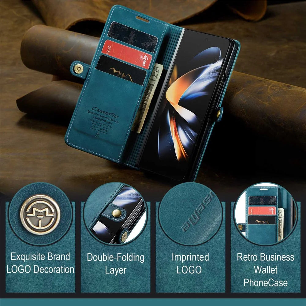 CASEME 013 Series for Samsung Galaxy Z Fold4 5G Shockproof PU Leather Wallet Case Magnetic Side Closure Stand Phone Cover - Blue - 5