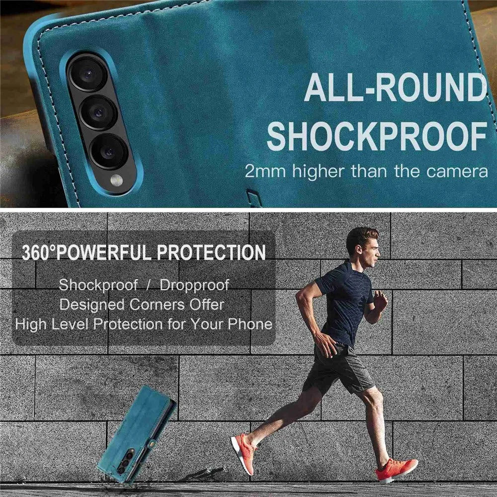 CASEME 013 Series for Samsung Galaxy Z Fold4 5G Shockproof PU Leather Wallet Case Magnetic Side Closure Stand Phone Cover - Blue - 7
