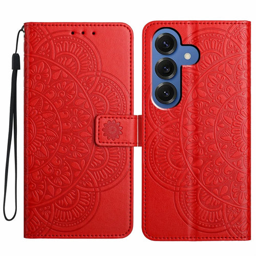 For Samsung Galaxy S26 Leather Case with Card Slots Mandala Pattern Phone Cover Stand - Red - 1