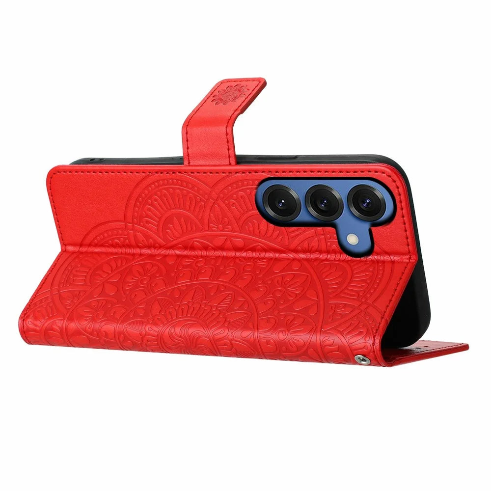 For Samsung Galaxy S26 Leather Case with Card Slots Mandala Pattern Phone Cover Stand - Red - 3
