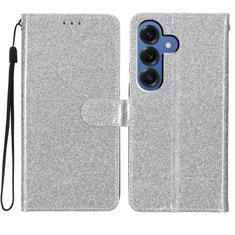 For Samsung Galaxy S26 Wallet Case Glitter Anti-Scratch Leather Stand Phone Cover with Strap - Silver - 1