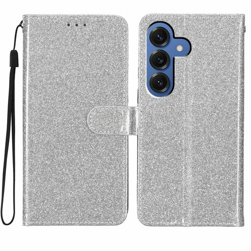 For Samsung Galaxy S26 Wallet Case Glitter Anti-Scratch Leather Stand Phone Cover with Strap - Silver - 1