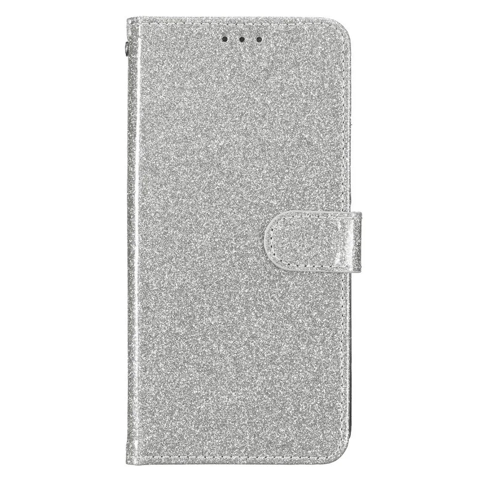 For Samsung Galaxy S26 Wallet Case Glitter Anti-Scratch Leather Stand Phone Cover with Strap - Silver - 5