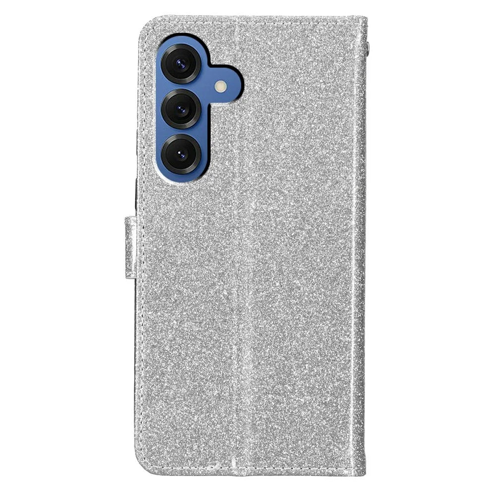 For Samsung Galaxy S26 Wallet Case Glitter Anti-Scratch Leather Stand Phone Cover with Strap - Silver - 6