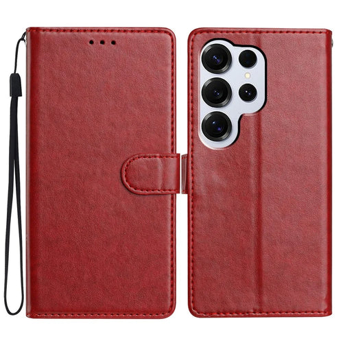 For Samsung Galaxy S26 Ultra Leather Case Wallet Stand Phone Cover with Handy Strap - Red - 1
