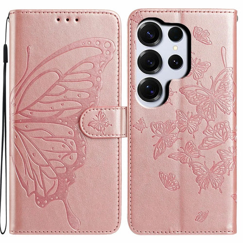 For Samsung Galaxy S26 Ultra Case Butterfly Imprinted Wallet Stand PU Leather Flip Phone Cover with Strap - Rose Gold - 1
