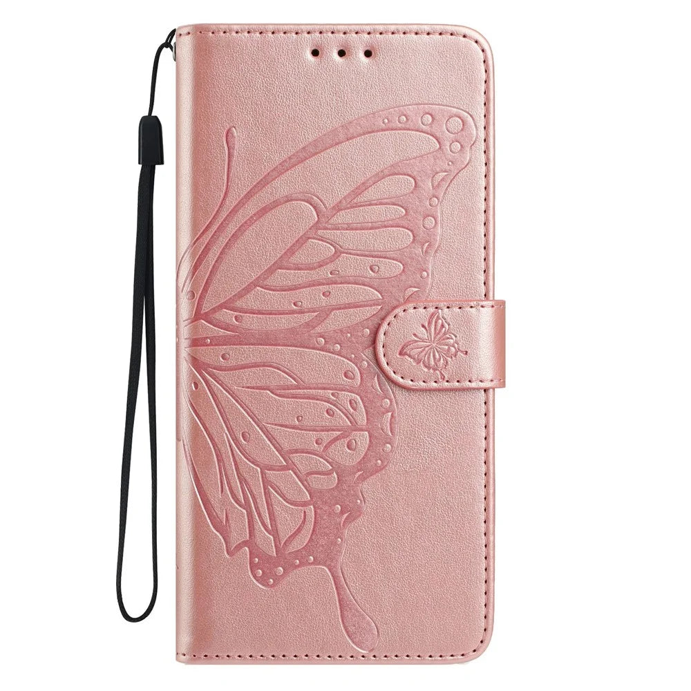 For Samsung Galaxy S26 Ultra Case Butterfly Imprinted Wallet Stand PU Leather Flip Phone Cover with Strap - Rose Gold - 4