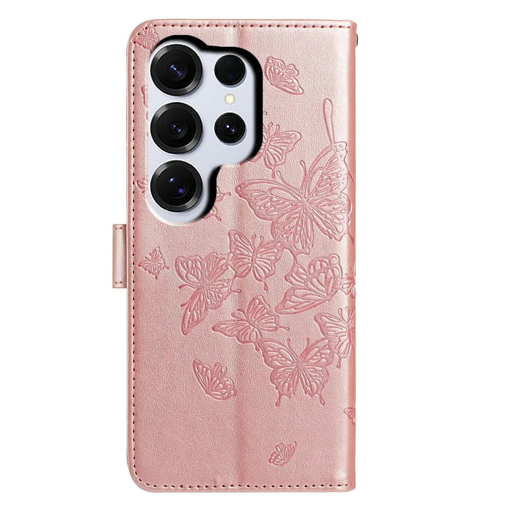 For Samsung Galaxy S26 Ultra Case Butterfly Imprinted Wallet Stand PU Leather Flip Phone Cover with Strap - Rose Gold - 5
