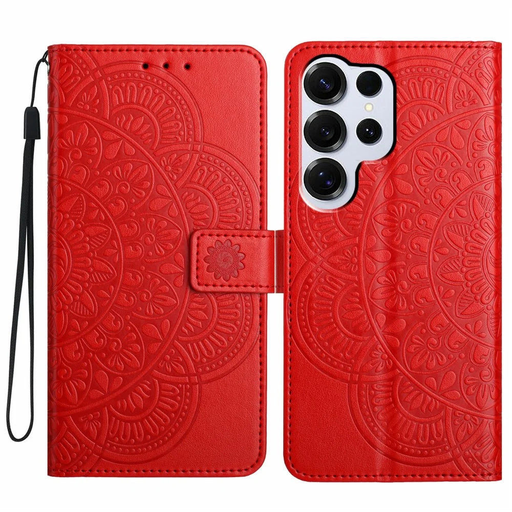 For Samsung Galaxy S26 Ultra Leather Case with Card Slots Mandala Pattern Phone Cover Stand - Red - 1
