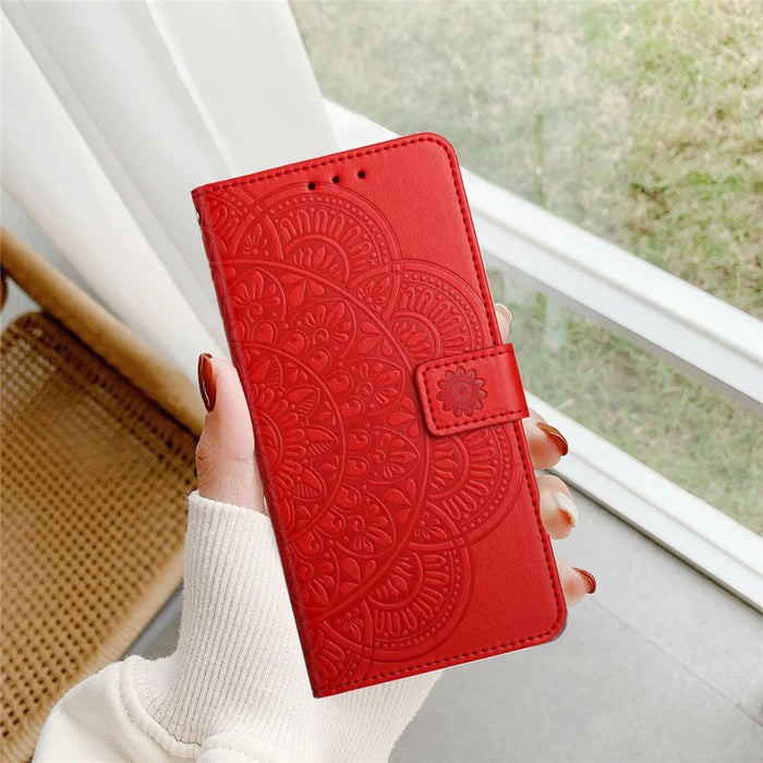 For Samsung Galaxy S26 Ultra Leather Case with Card Slots Mandala Pattern Phone Cover Stand - Red - 6